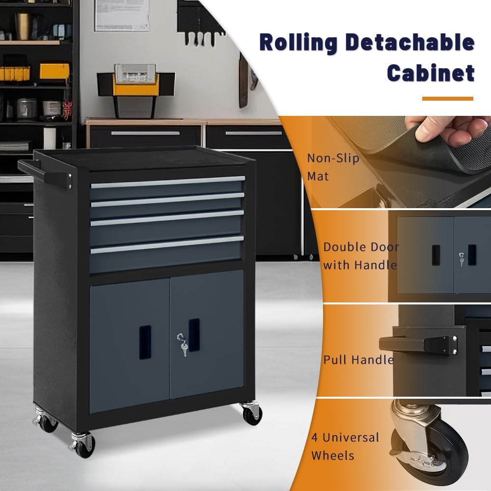 13-Drawer Rolling Tool Chest with Double Doors, 2 in 1 Detachable Rolling Tool Chest with Drawers, Mobile Tool Cabinet Combo, Metal Large Lockable Tool Box for Garage Workshop (Black-Gray)