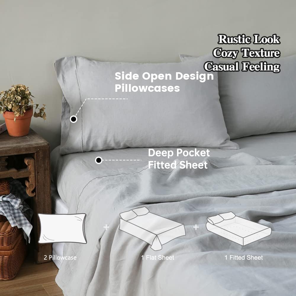 Simple&Opulence 100% Linen Sheet Set with Embroidery Washed - 4 Pieces (1 Flat Sheet & 1 Fitted Sheet & 2 Pillowcases) Natural Flax Soft Bedding Breathable Farmhouse - Light Grey, Full Size