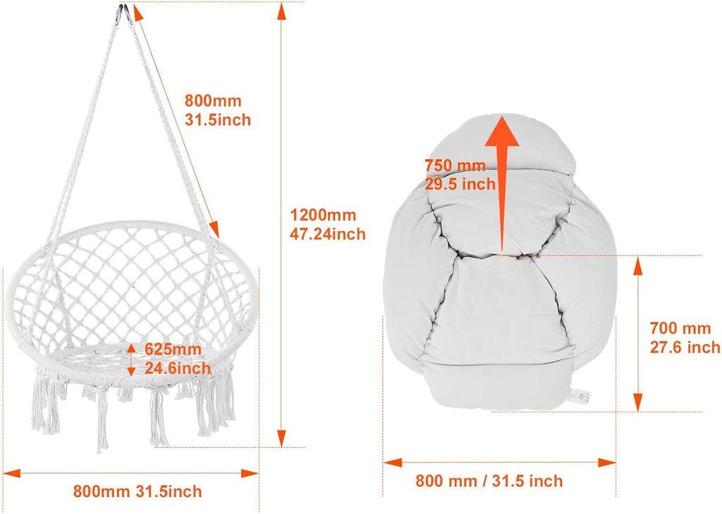 Happybuy Hanging Hammock Swing Chair, Cotton Rope with Cushion and Mounting Hardware, Macramé for Bedroom, Balcony, Patio, Garden, 264 lbs Capacity, White
