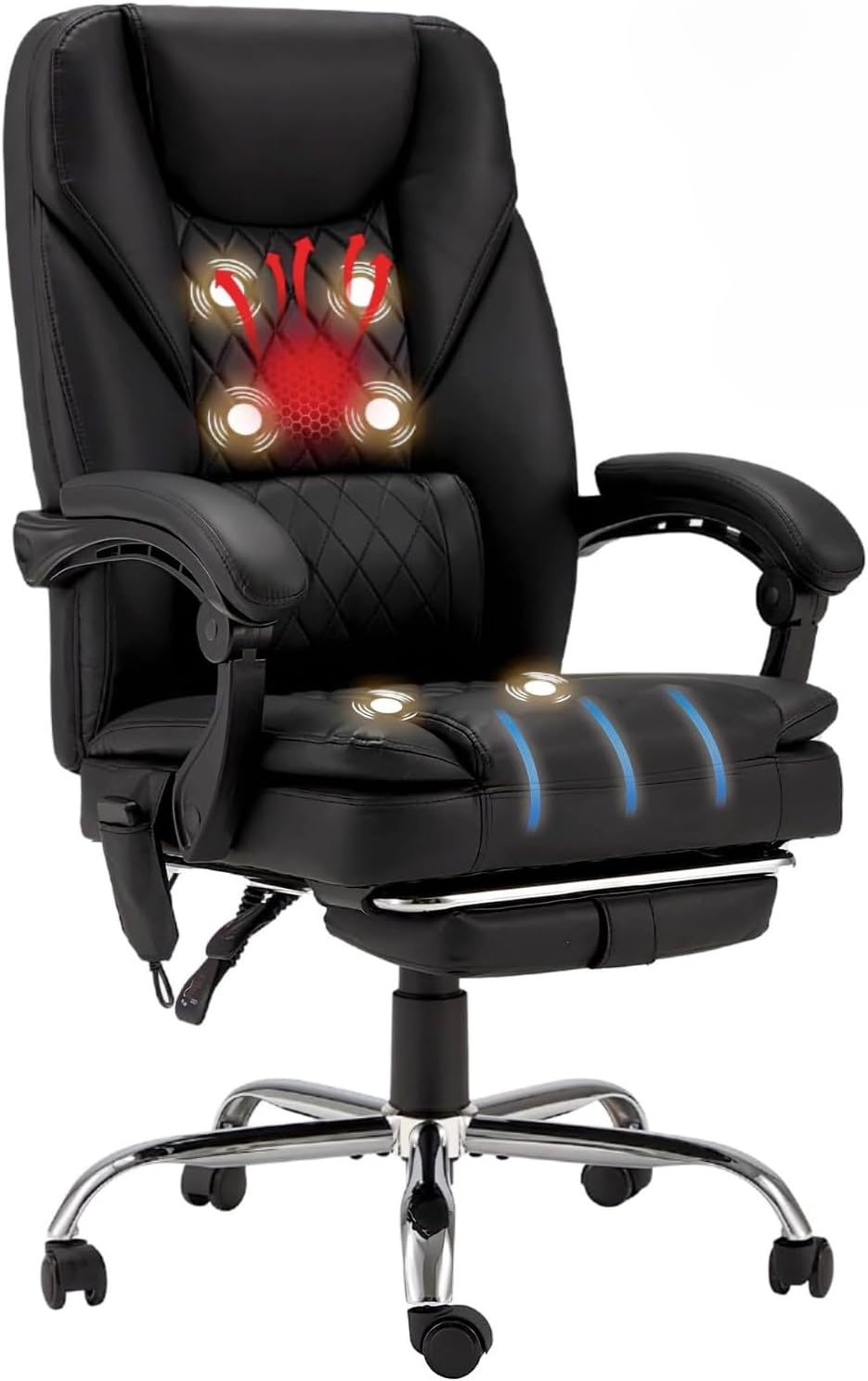 HOMREST 6-Point Massage Office Chair with Heat, 500lbs Big and Tall Executive Chair, Ergonomic Reclining Desk Chair with Footrest & Lumbar Support, Adjustable Armrest, PU Leather (Black)