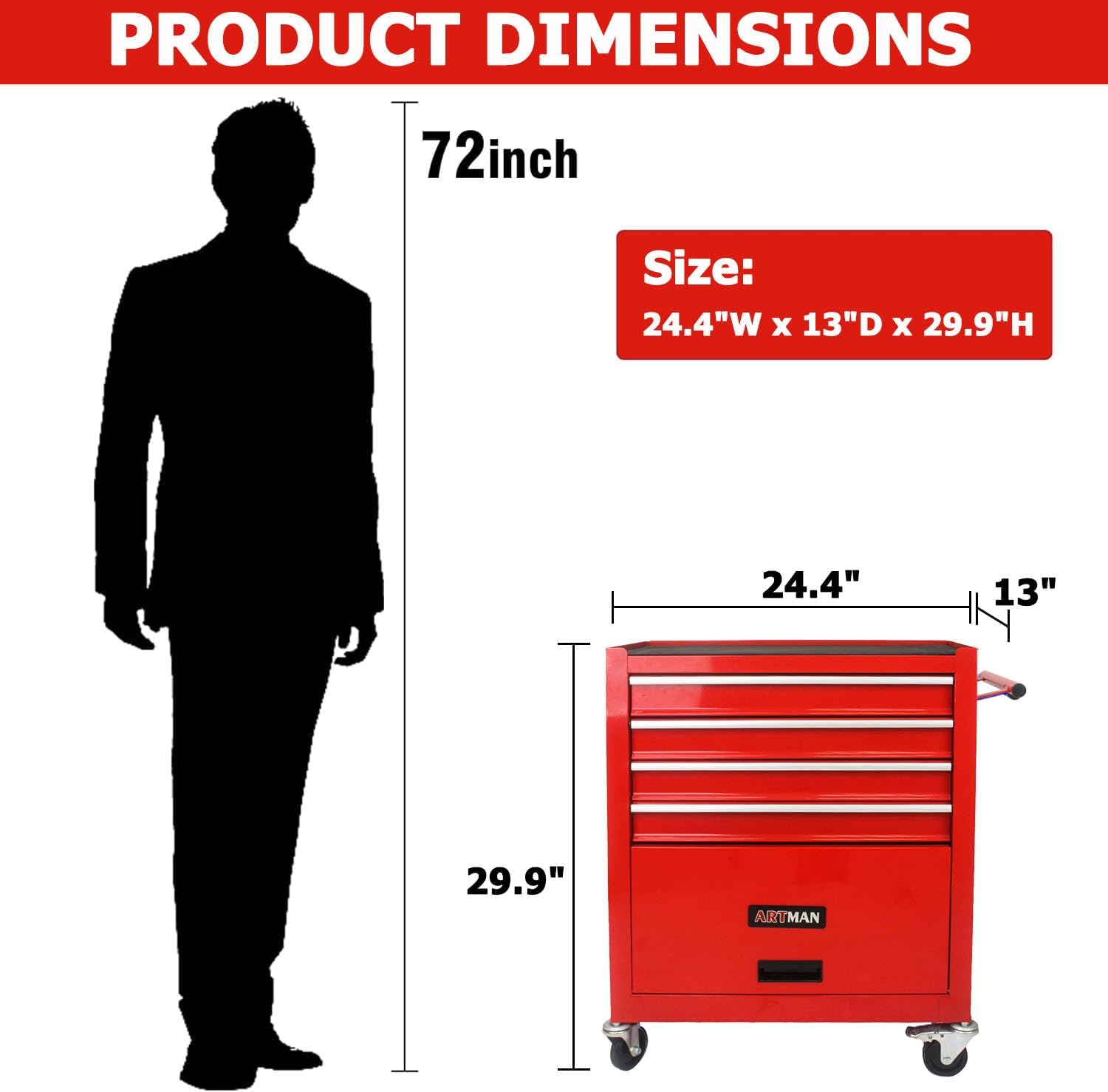 4-Drawer Tool Cart on Wheels, Drawers Rolling Tool Chest with 1 Cabinet, Mobile Trolley Organizer Tools Box with Locking Wheels & Ball Bearing Drawers for Garage,Warehouse,Repair Shop (Red)