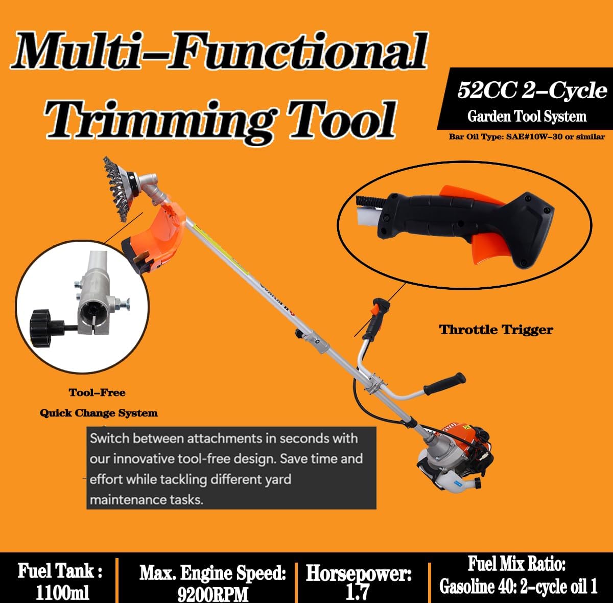 52cc 2-Cycle Gas Multi-Trimmer | 3-in-1 String Trimmer w/Rotatable Pole Saw, Weed Eater Weed Wacker, Brush Cutter & Hedge Trimmer Gas for Lawn, Yard, Garden Care, All-in-one Garden Tool