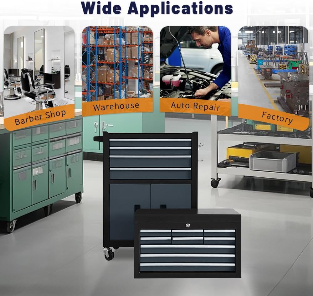 13-Drawer Rolling Tool Chest with Double Doors, 2 in 1 Detachable Rolling Tool Chest with Drawers, Mobile Tool Cabinet Combo, Metal Large Lockable Tool Box for Garage Workshop (Black-Gray)