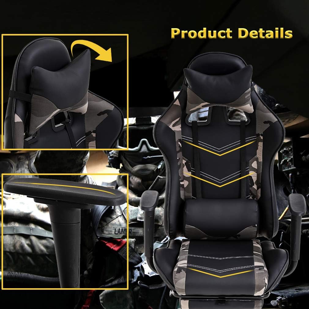 BestOffice | Ergonomic Gaming Chair | Camo | Reclining Computer Chair with Lumbar Support, Headrest Pillow, Adjustable Footrests | 360 Swivel with Heavy Duty Wheels | for Home & Office