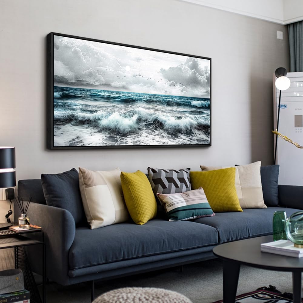 ERQINHUA Black And White Beach Wall Painting Large Canvas Wall Art For Living Room Wall Decor For Bedroom Office Wall Decor Blue Sea Wave Pictures Artwork Hotel Home Decor Black Framed 30x60 In