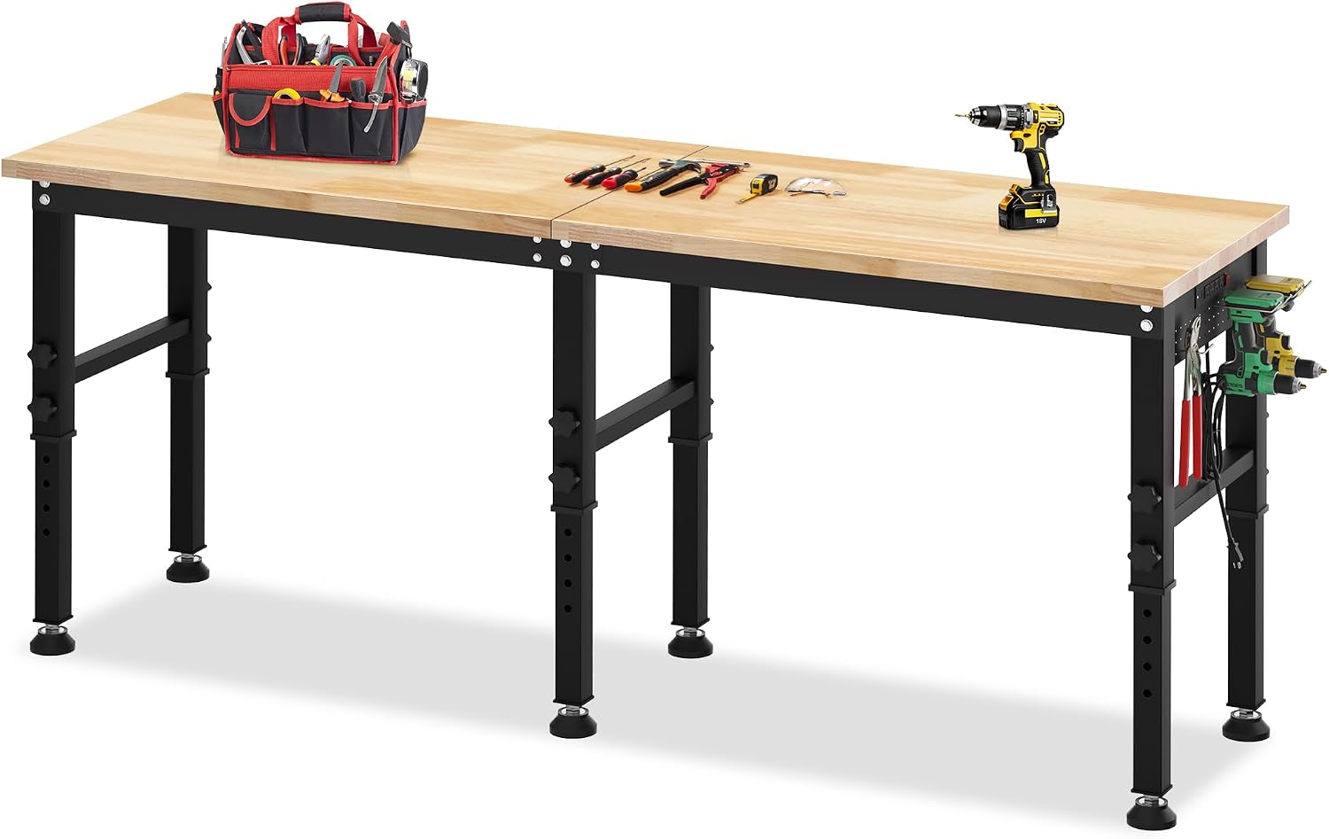 96'' Adjustable Workbench, 2500 LBS Load Capacity Heavy Duty Workstation with Power Outlets, Rubber Wood Top Worktable for Garage, Office,Workshop, Commercial