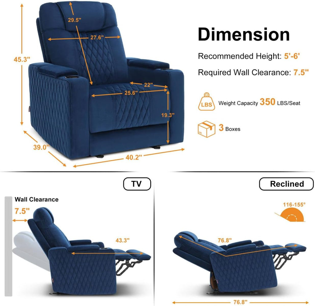 MCombo Zero Gravity Oversized Power Recliner Chair for Adults with Power Headrest & LED Light, Fabric Recliner Chair for Living Room & Home Theater, USB & Type C Port, Armrest Storage HTS401