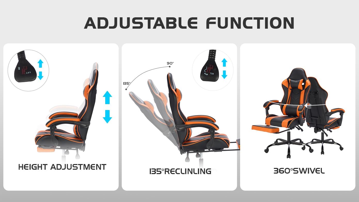 Gaming Chair with Massage and Footrest, Ergonomic High Back PC Racing Chair, 300LBS Capacity with Adjustable Lumbar Support & Headrest for Office and Desk (Model C, Orange+Black)