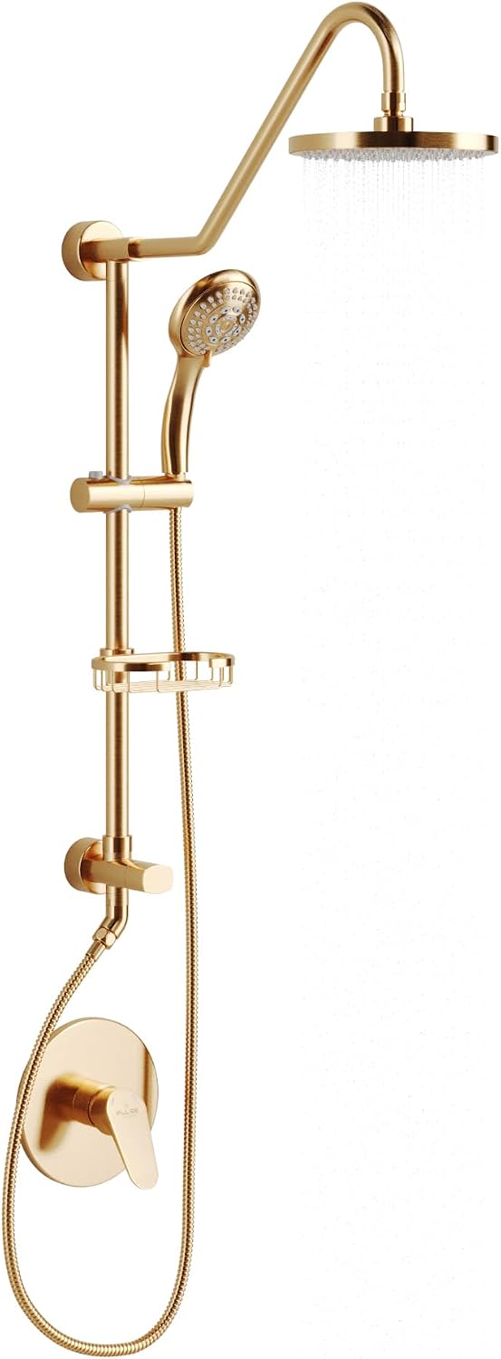 PULSE ShowerSpas Kauai III Brushed Gold Rain Shower Head with Handheld Spray - 1.8 GPM, 8' Showerhead, 5-Function HandShower, Adjustable Slide Bar - Shower Heads with Handheld Spray Combo