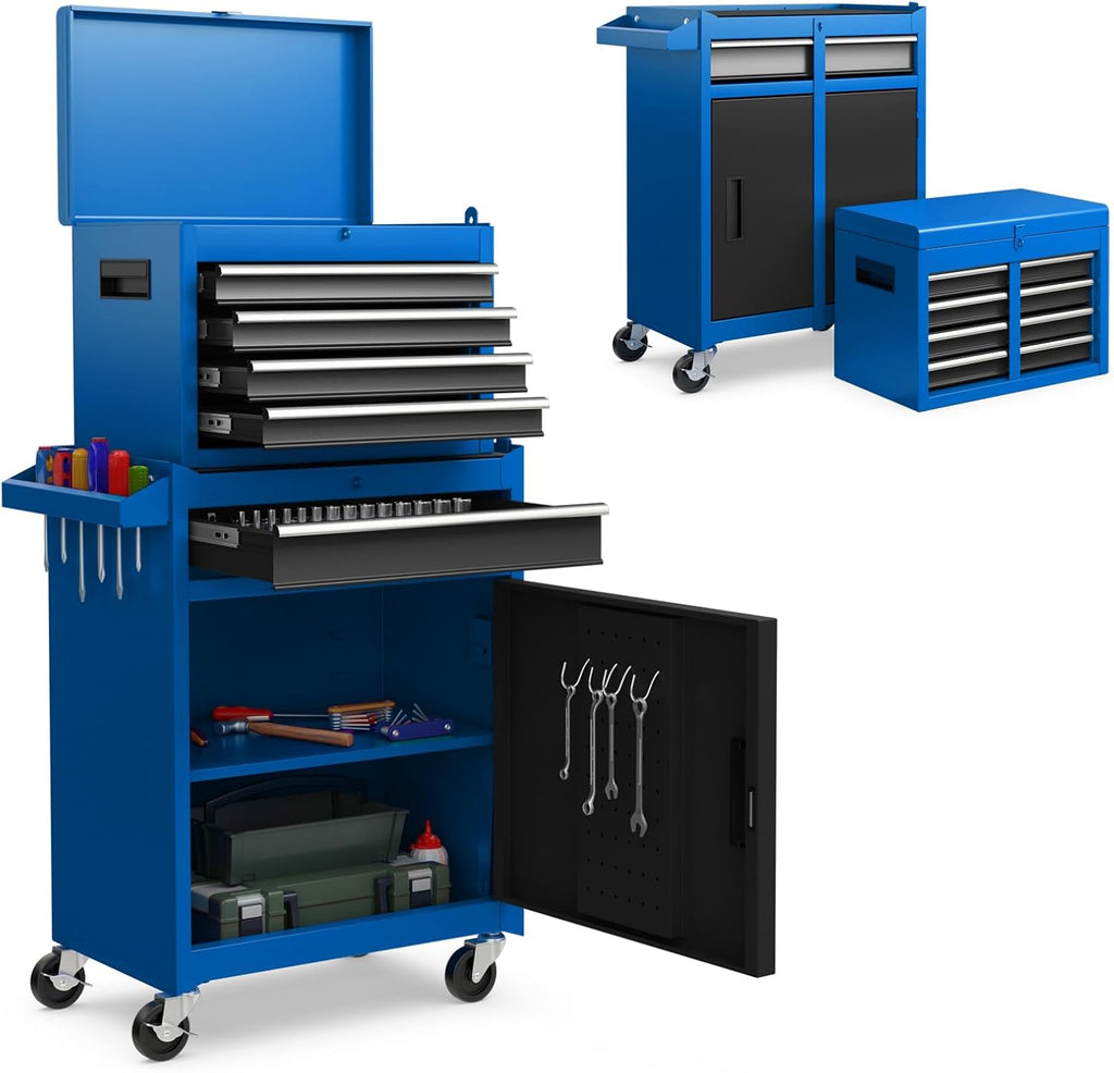 IRONMAX 5-Drawer Rolling Tool Chest, 2-in-1 Detachable Heavy Duty Tool Box Storage Cabinet with Auto Lock, Adjustable Shelf & Hooks, Metal Toolbox on Wheels for Garage Workshop (Blue)