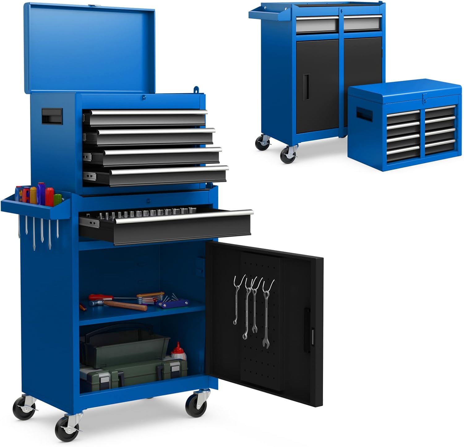 IRONMAX 5-Drawer Rolling Tool Chest, 2-in-1 Detachable Heavy Duty Tool Box Storage Cabinet with Auto Lock, Adjustable Shelf & Hooks, Metal Toolbox on Wheels for Garage Workshop (Blue)