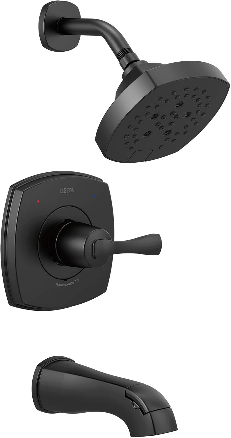 Delta Faucet Stryke 14 Series Single-Function Tub and Shower Trim Kit, Shower Faucet, Single-Spray H2Okinetic Shower Head, Matte Black T14476-BL (Valve Not Included)
