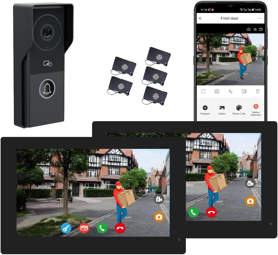 2pin-Wired 2MP HD Indoor 7' WiFi Monitor Smart Home Video Doorbell Intercom System, Remote APP Phone Unlock Video Record Motion Detect 2-Way Talk IR Camera Door Bell 1x doorbell + 2 x 7in Monitor