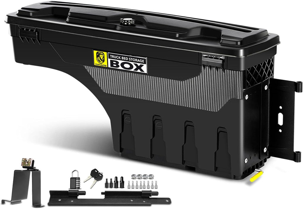 YHTAUTO Passenger Side Truck Bed Storage Tool Box Lockable Fits 2019-2025 Chevrolet Silverado GMC Sierra 1500, W/O Multi-Pro Tailgate or CarbonPro Bed, Swing Waterproof Wheel Well ToolBox