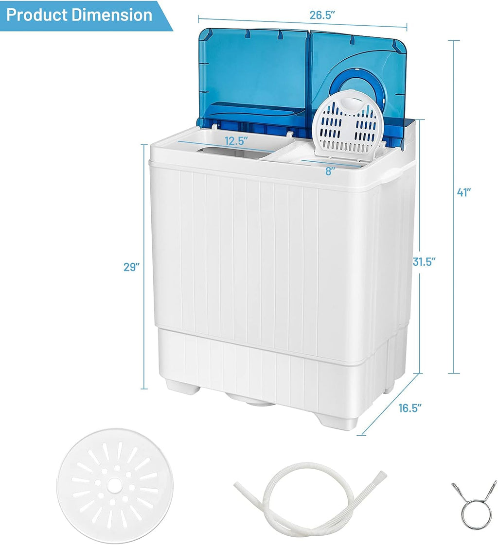 Giantex Washing Machine Semi-automatic, Twin Tub Washer with Spin Dryer, 26lbs Capacity, Built-in Drain Pump, Portable Laundry Washer, Compact Washing Machine for Apartment, Dorm and RV (White+Blue)