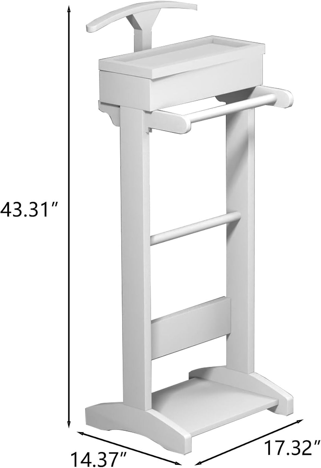 Wooden Valet Stand for Men, Clothing Valet Stand with Tray Organizer, shoe shelf and Hanging Suit, Freestanding Portable Coat Rack for Entryway, Bedroom, Office (White)
