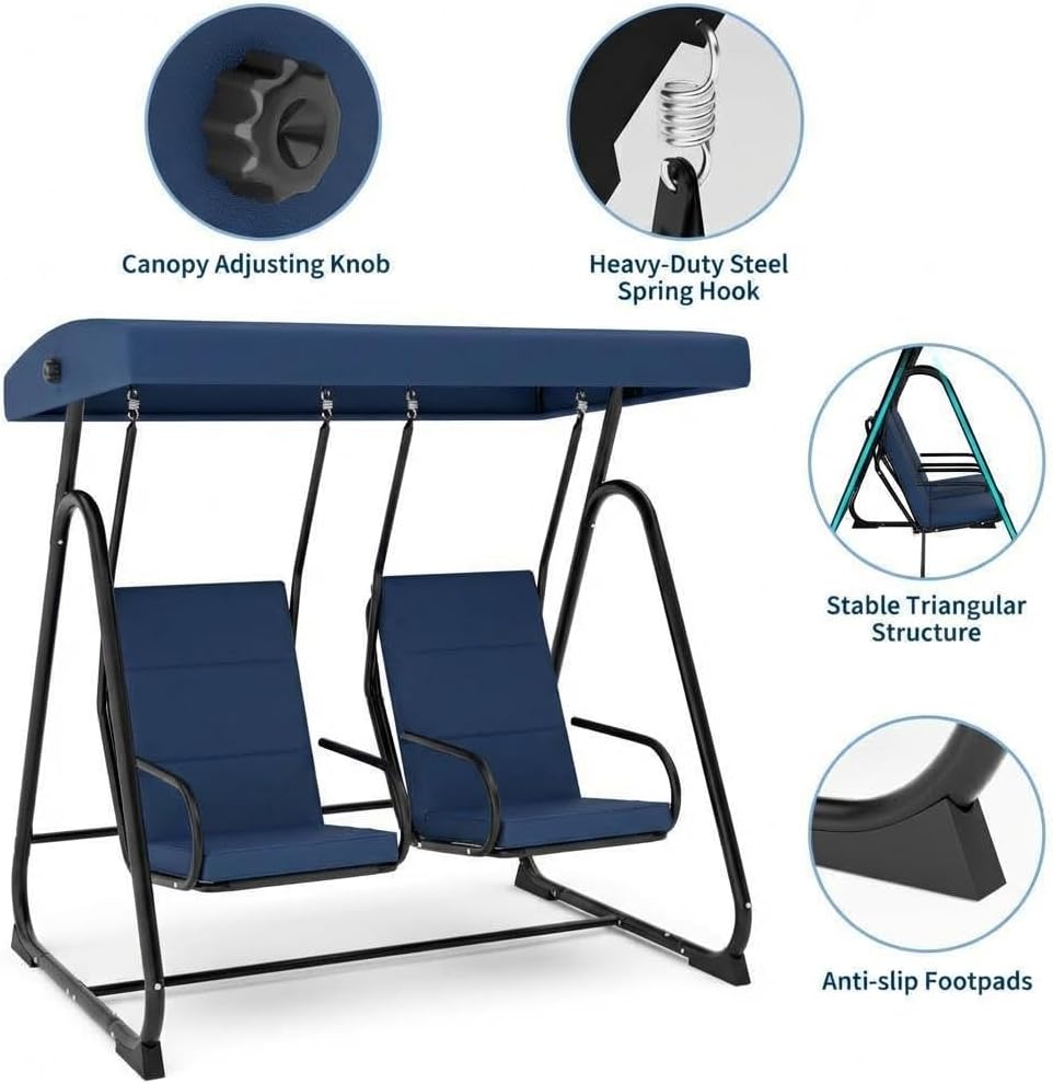 GarveeLife 2 Person Porch Swing Chair, Heavy Duty Outdoor Patio Swing Glider with Adjustable Canopy & Removable Cushions, Independent Swing Chairs for Garden, Balcony, Poolside, Backyard, Dark Blue