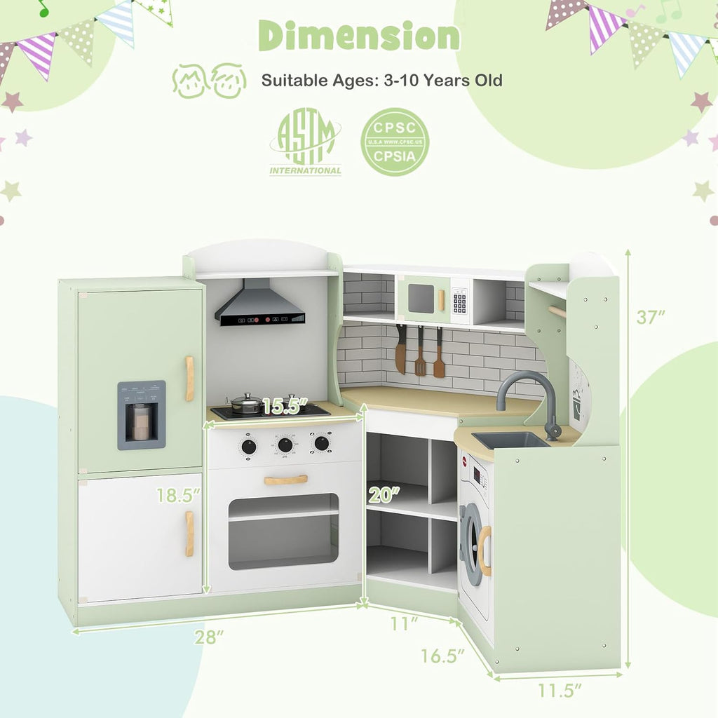 Costzon Corner Kids Kitchen Playset, Wooden Play Kitchen w/Sounds & Lights, Washing Machine, Range Hood, Ice Maker, Microwave, Oven, Sink, Pretend Toy Kitchen Set for Toddler, Gift for Boys Girls