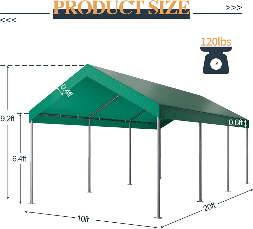 Shintenchi 10x20ft Heavy Duty Carport with UV&Wind Resistant Canopy,Portable Carport Garage Shelter with Stable Powder-Coated Steel Frame,Outdoor Carports for Car,Bike,Camp,Storage-Green