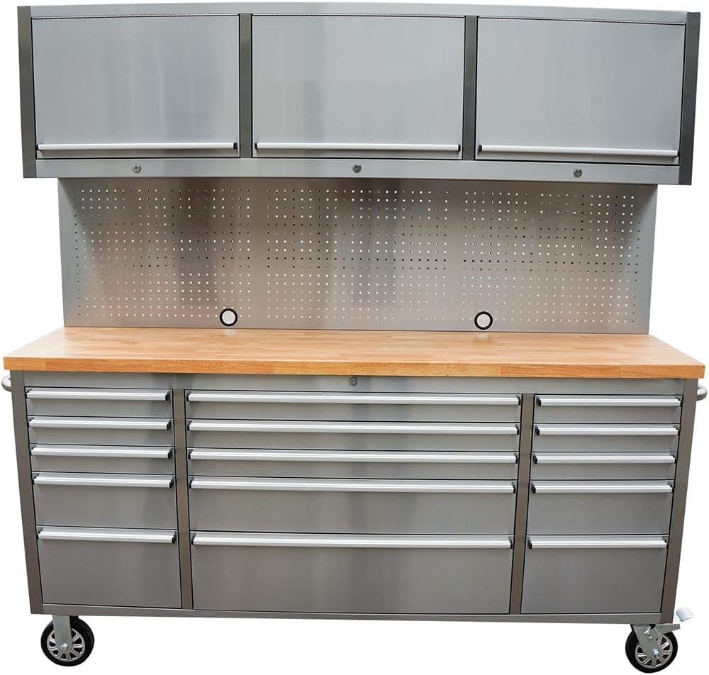 AnorTrek 72 inch 15 Drawers Tool Chest with 3 Up Cabinet & Pegboard in Stainless Steel (Stainless Steel)
