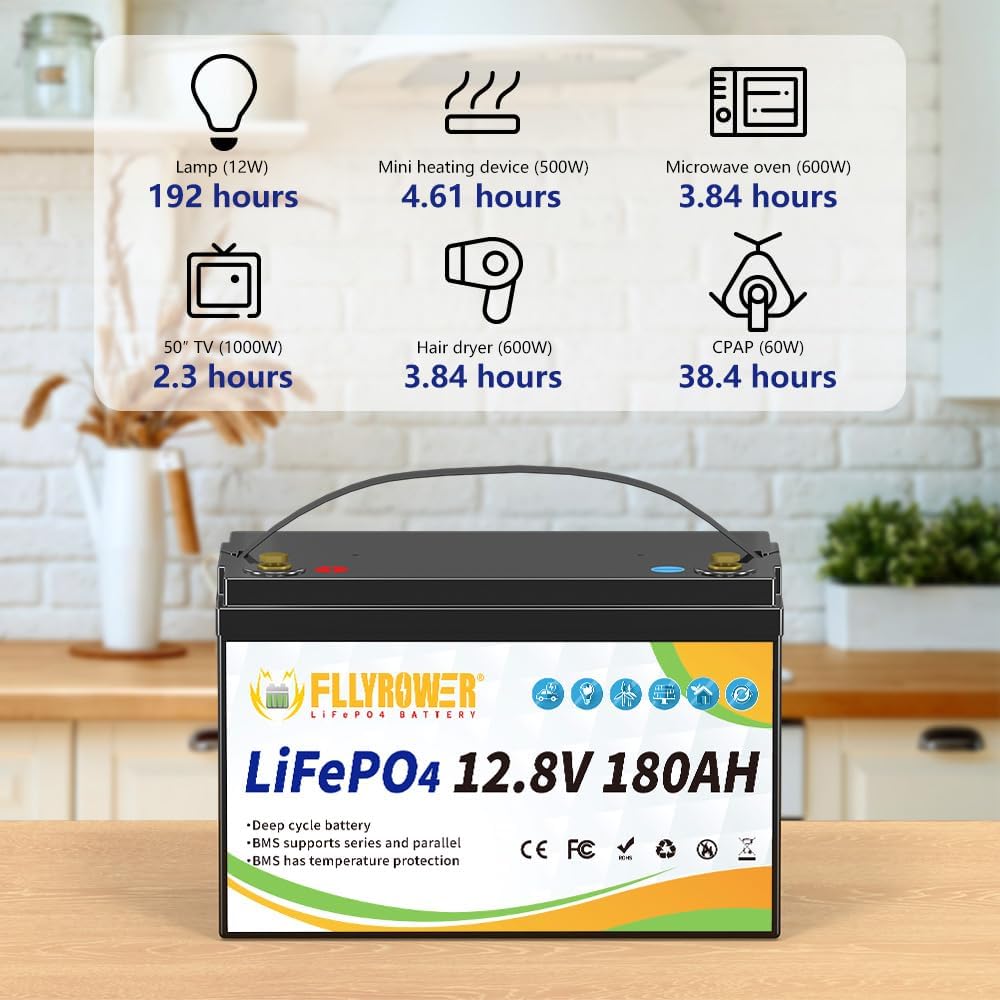 FLLYROWER 12V Lithium Battery 180AH With BMS and 16500 Deep Cycles 12V 180AH Lifepo4 Battery Grade A Cells for Marine Trolling Motor RV camping Solar Golf Cart Off-Grid