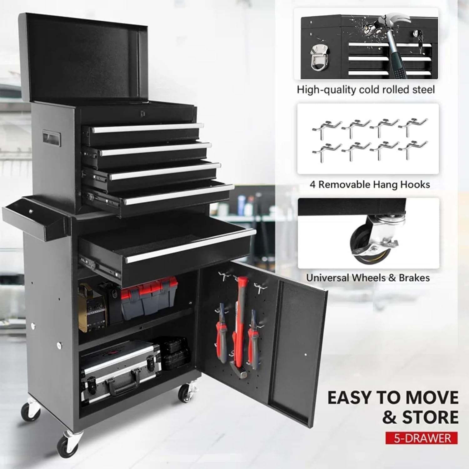 5 Drawers Rolling Tool Chest, 2-in-1 Detachable Metal Tool Storage Cabinet with Wheels, Lockable Tool Cart with Hooks for Garage, Workshop or Salon Use, Black