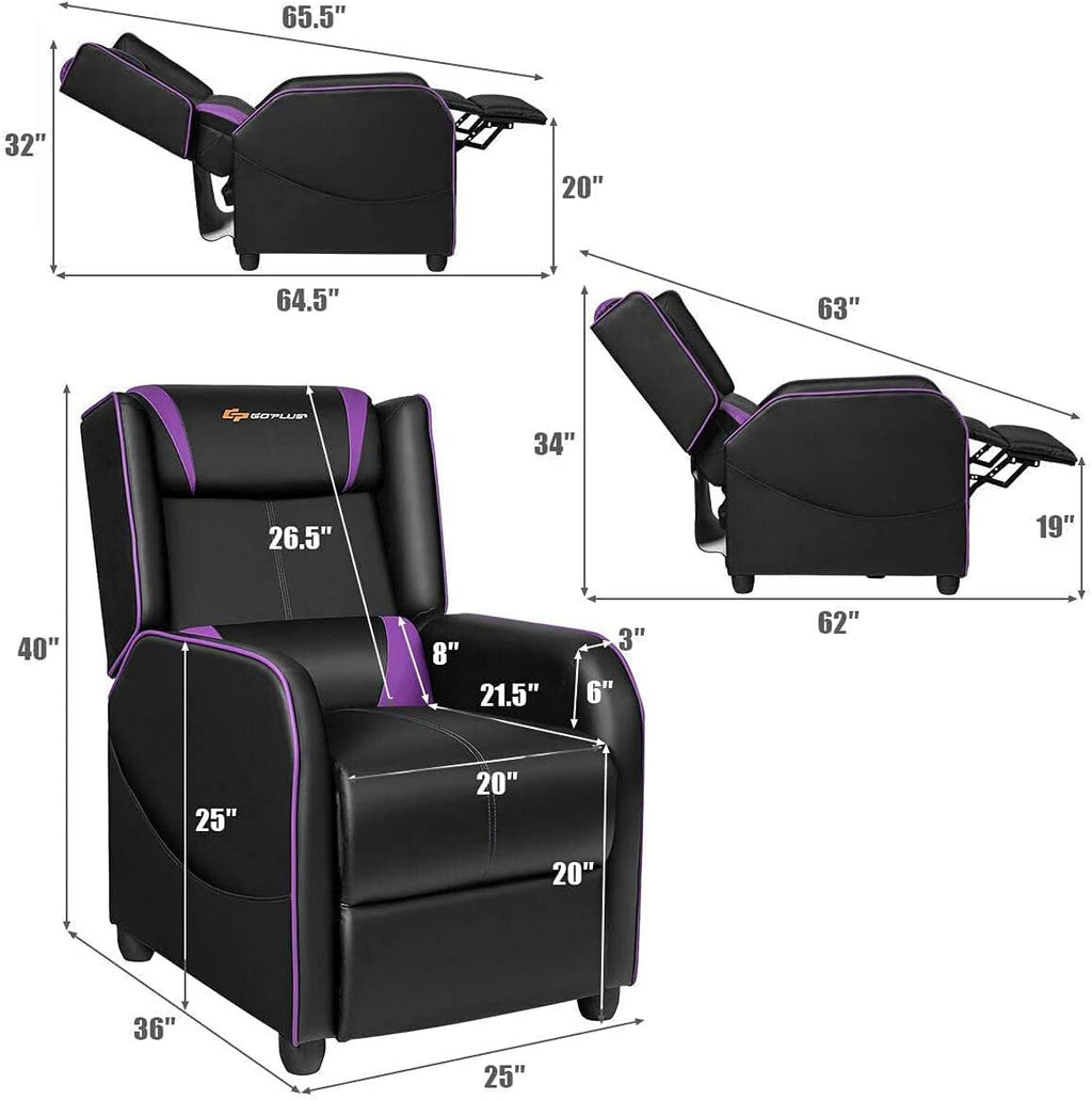 LDAILY Massage Recliner Chair, Racing Style Gaming Chair w/Massage Lumbar Cushion, Footrest & Headrest, Ergonomic PU Leather Single Recliner Sofa for Living Room Home Office (Purple)