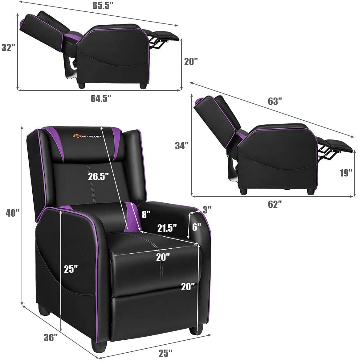 LDAILY Massage Recliner Chair, Racing Style Gaming Chair w/Massage Lumbar Cushion, Footrest & Headrest, Ergonomic PU Leather Single Recliner Sofa for Living Room Home Office (Purple)