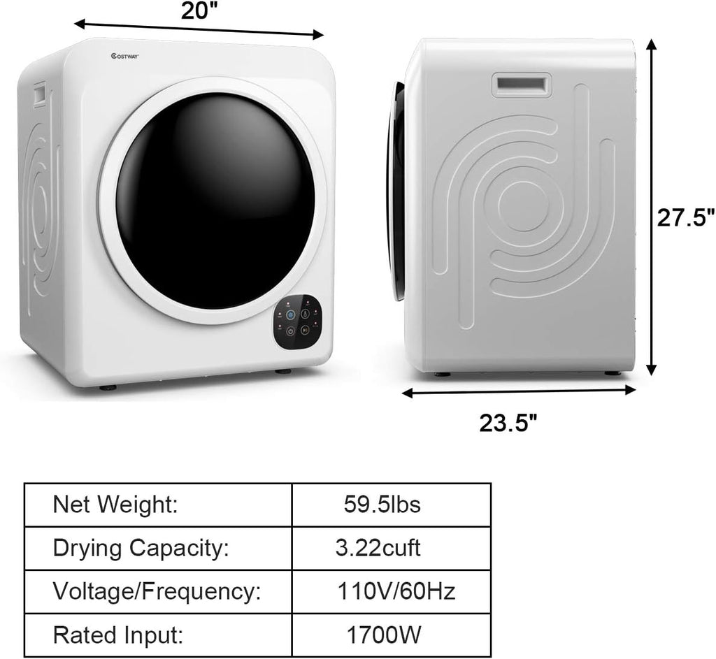 COSTWAY 1700W Electric Portable Clothes Dryer, 13.2 lbs Capacity Front Load Compact Tumble Laundry Dryer with Stainless Steel Tub, Easy Control Button Panel Downside for Variety Drying Mode, White