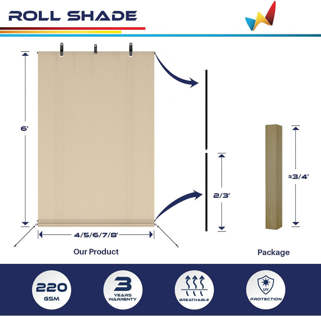 Windscreen4less Outdoor Shade Blinds Patio Roll Up Blackout Shades Exterior Roller Privacy Screen for Pergola Balcony Porch Carport Deck Window, 8' W x 10' L Beige