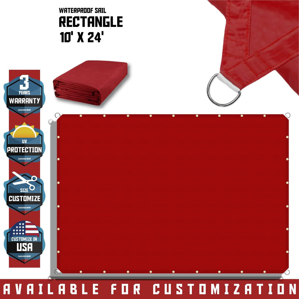 TANG 10' x 24' Waterproof Shade Cloth with Grommets, Sun Shade Sail Rectangle Straight Side, 260 GSM UV Block Fabric Patio Canopy for Deck Carport Backyard Pergola Cover, Red
