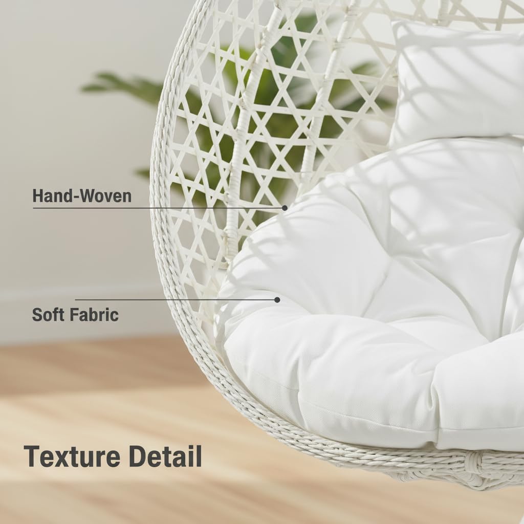 RUN.SE Hanging Egg Chair with Stand, Outdoor Indoor Egg Swing Chair with Cushion Headrest for Patio, Porch, Balcony, Bedroom, 350LBS Capacity (White)