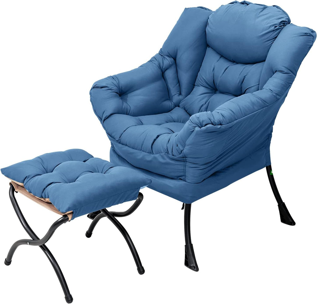 Welnow Lazy Chair with Ottoman, Modern Accent Chair with Armrests and a Side Pocket, Leisure Sofa Armchair, Reading Armchair with Footrest for Small Space, Royal Blue