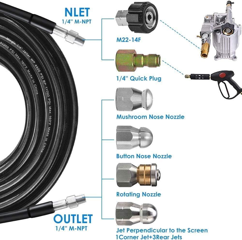 200FT Sewer Jetter Kit for Pressure Washer, 5800PSI Drain Cleaner Hose 1/4 Inch NPT Corner, Rotating and Button Hose Sewer Jetting Nozzle Pearl Corsage Pin Waterproof Tape with 2 Spanner
