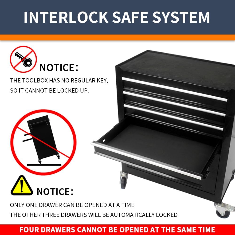 4-Drawer Black Tool Box on Wheels, Rolling Tool Cart, Lockable Home Repair Tool Storage Organizer for Mechanic, Garage