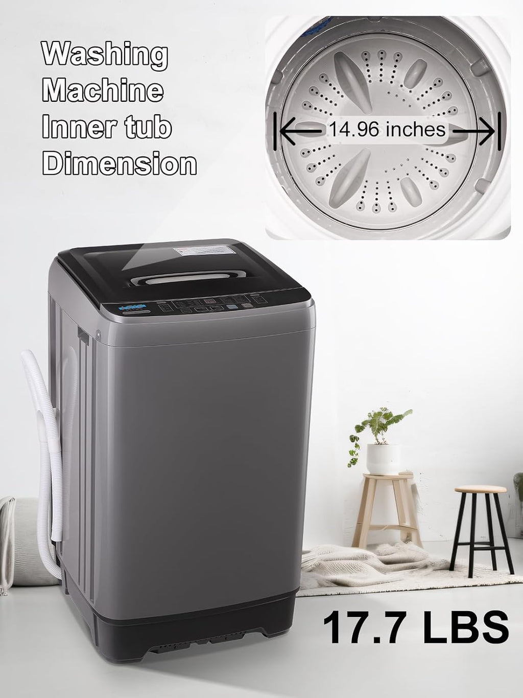 Full Automatic Washing Machine with LED Display, 17.7 lbs Portable Washer Drain Pump, 10 Programs & 8 Water Levels Selections, Ideal for RV, Camping, Apartment, Dorm, Dark Grey