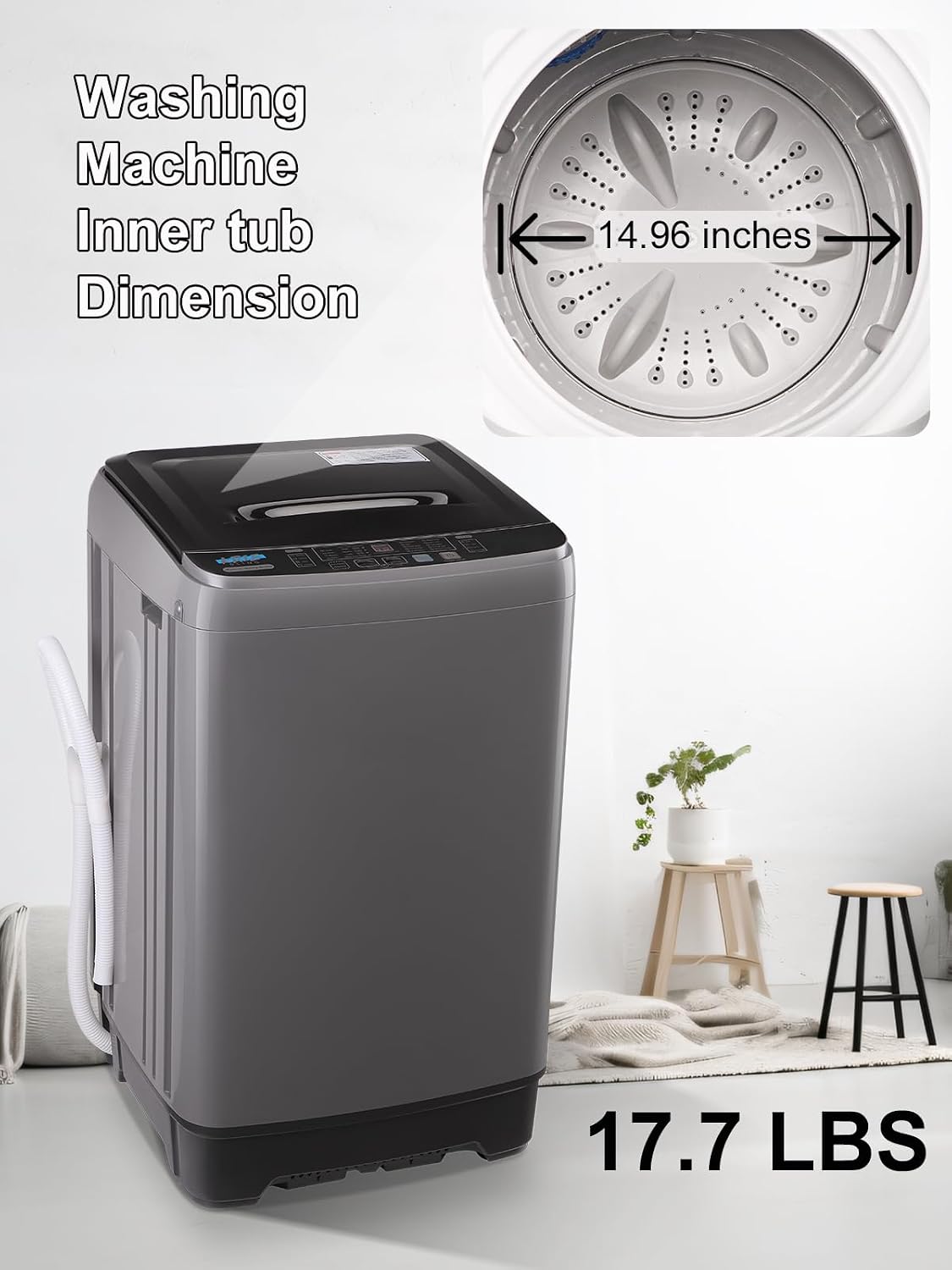 Full Automatic Washing Machine with LED Display, 17.7 lbs Portable Washer Drain Pump, 10 Programs & 8 Water Levels Selections, Ideal for RV, Camping, Apartment, Dorm, Dark Grey