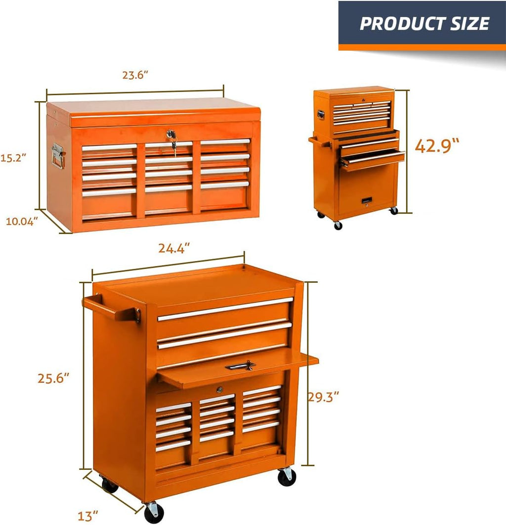 8-Drawer High Capacity Tool Chest, Rolling Tool Box with Lock, Tool Box on 4 Wheels with Sliding Drawers, Tool Storage Cabinet Removable Portable Box for Garage Warehouse New(Orange)