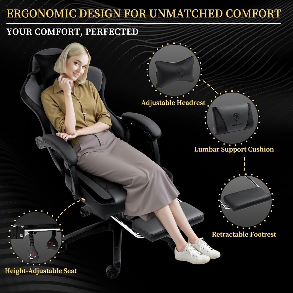 Dowinx 665TE0A Gaming Chair with Pocket Spring Cushion, Ergonomic Computer Chair with Massage Lumbar and Footrest for Adults, High Back Game Chair Leather for Office Gaming 300LBS