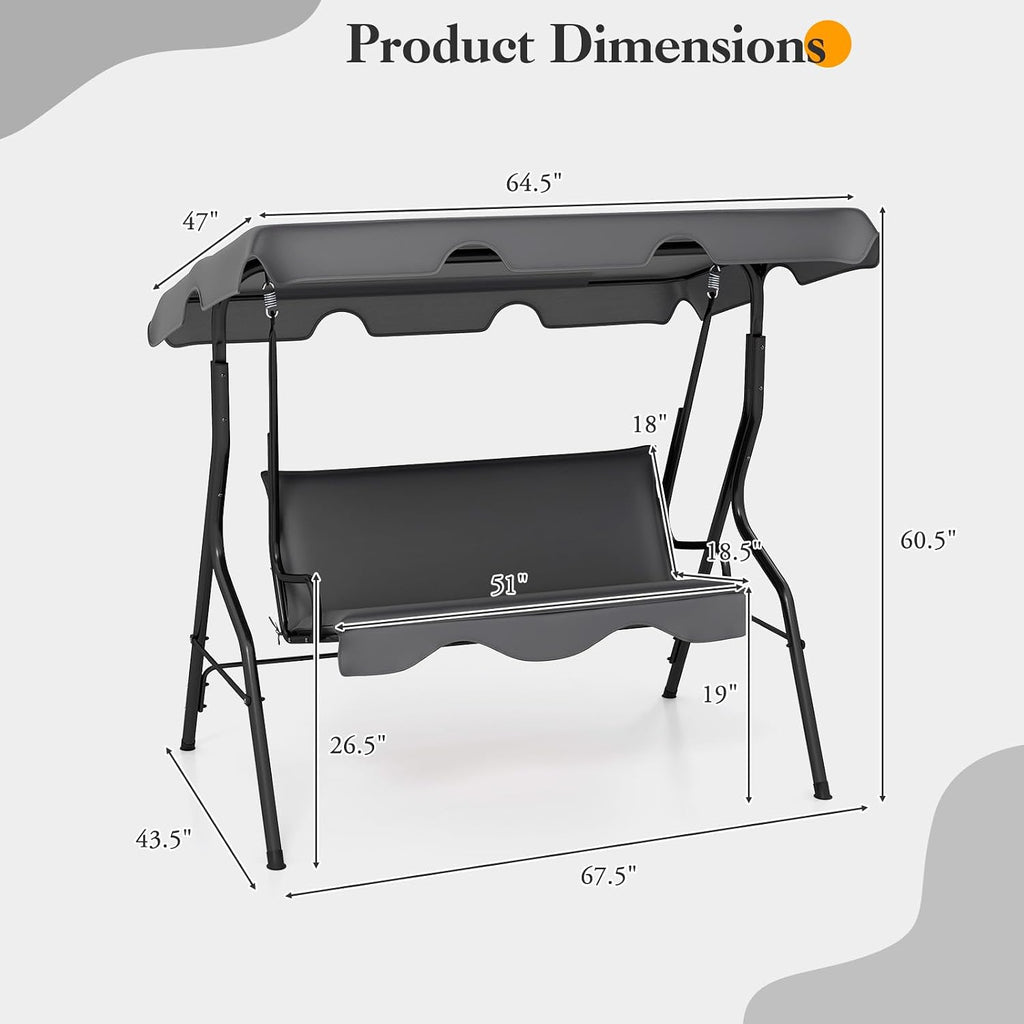DREAMADE Porch Swing Outdoor, 3 Person Patio Swing w/Removable Cushion, Stand & Adjustable Canopy, Heavy Duty Swing Chair for Patio, Garden, Courtyard, Poolside