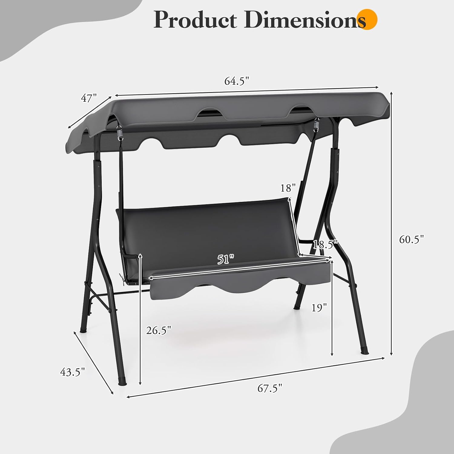 DREAMADE Porch Swing Outdoor, 3 Person Patio Swing w/Removable Cushion, Stand & Adjustable Canopy, Heavy Duty Swing Chair for Patio, Garden, Courtyard, Poolside