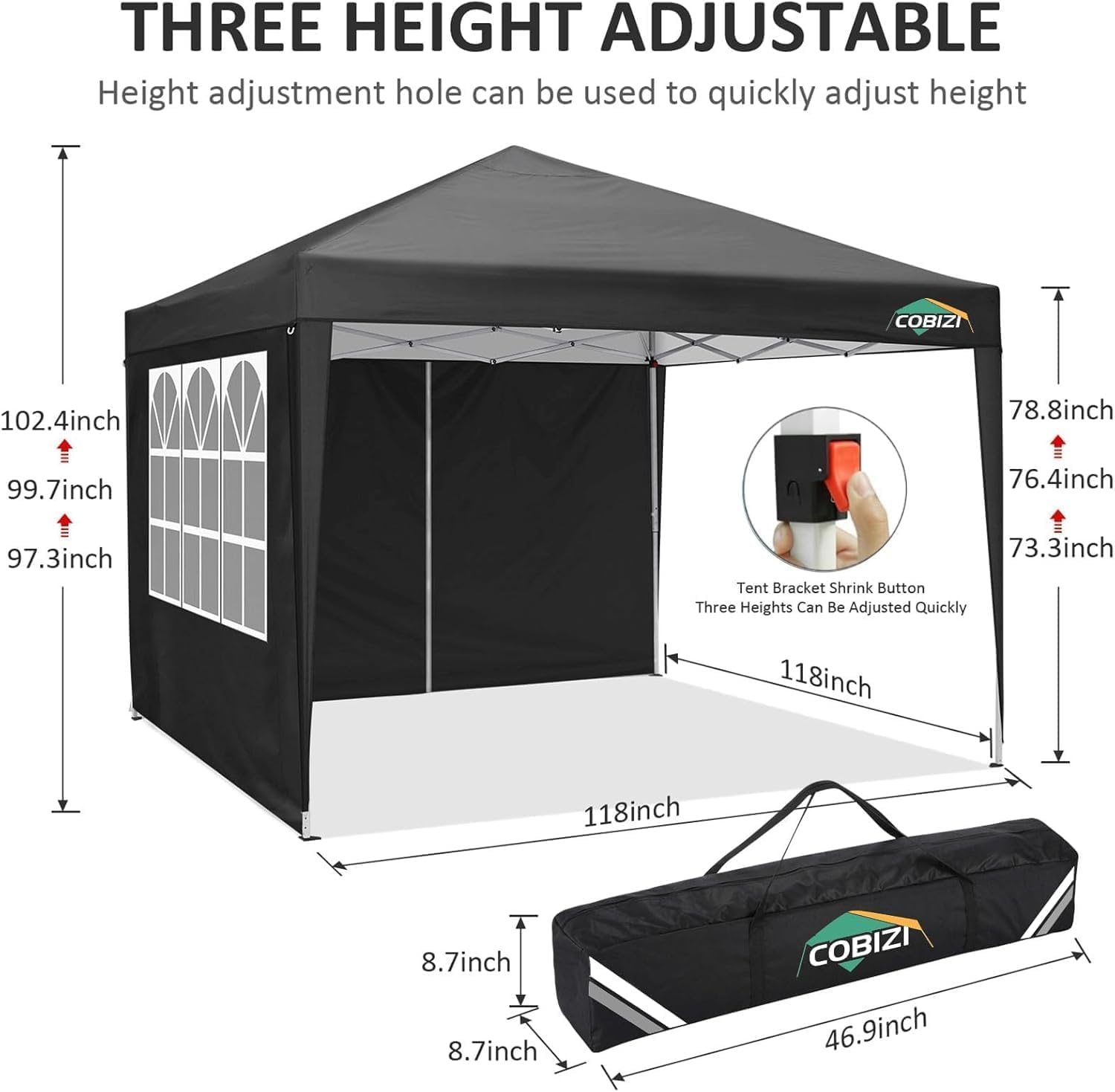 COBIZI 10x10 Pop Up Canopy Tent with 4 Sidewalls Party Tents Waterproof UPF 50+ Commercial Instant Outdoor Events Tent for Parties Markets Backyard, Ropes（10 x 10 ft Black