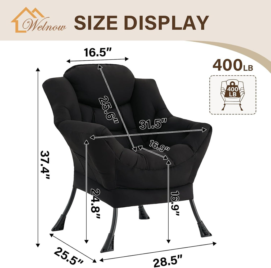 Welnow Black Single Lazy Chair for Living Room, Modern Reading Accent Chair with Armrests and a Side Pocket, Leisure Lazy Sofa Chair for Small Space, Bedroom, Dorm