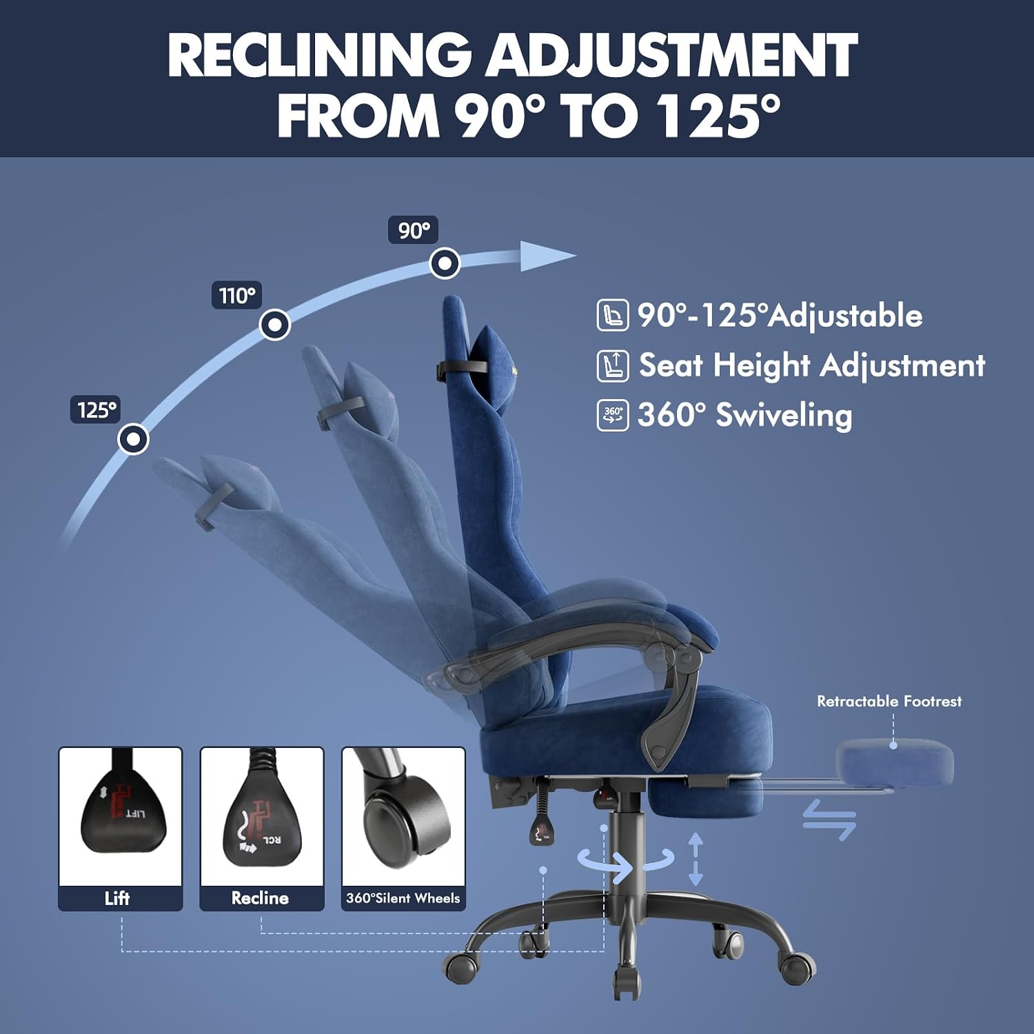 Ferghana Velvet Fabric Gaming Chair with 20.5″ Wider Seat Cushion, Fire Embroidery Ergonomic High Back Game Chair with Footrest, Computer Chair with Massage Lumbar Support for Adult, Navy