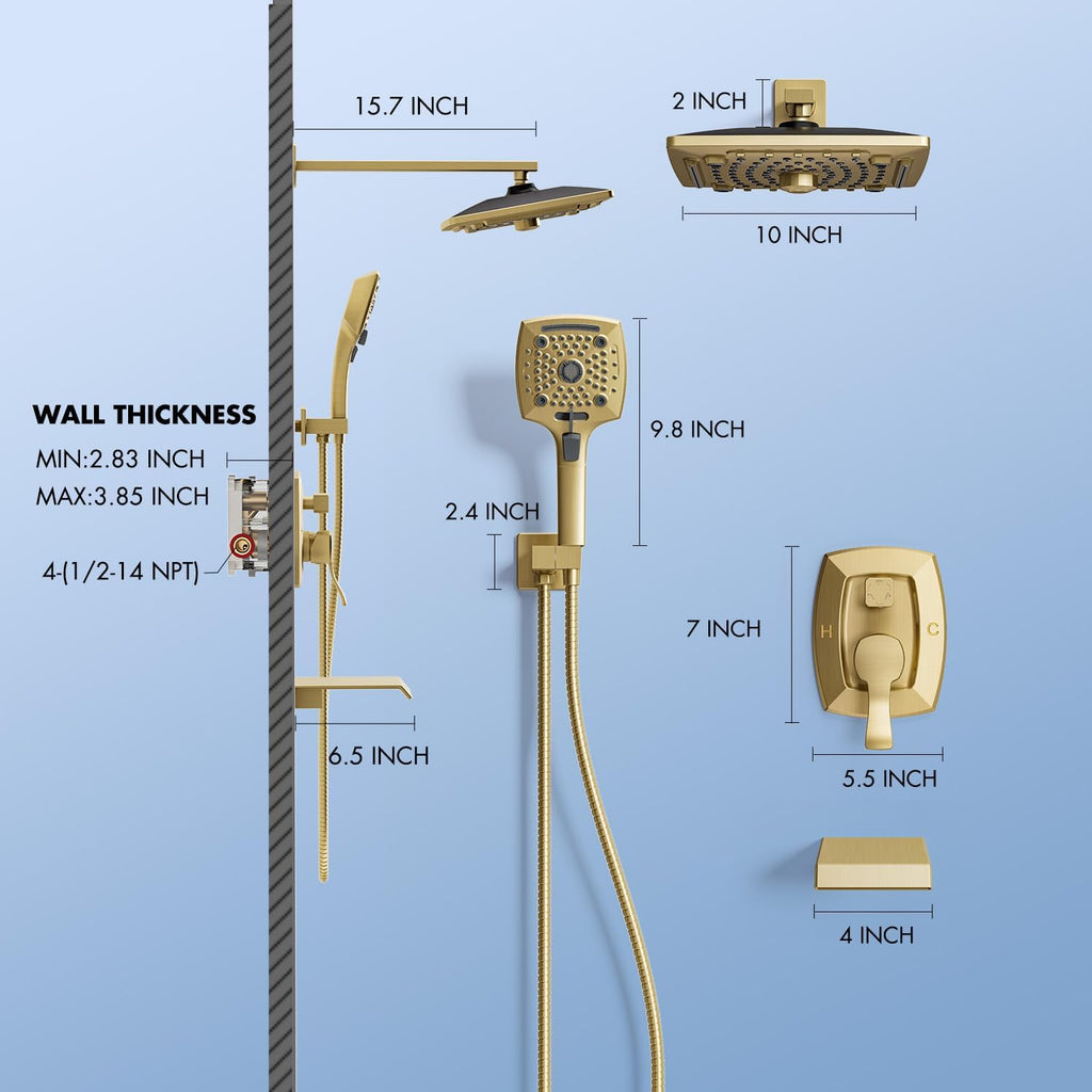 ELLO&ALLO Bathroom Shower Faucet Set Mixing Valve and Trim Kit, Complete Shower System with Tub Spout, Brushed Gold