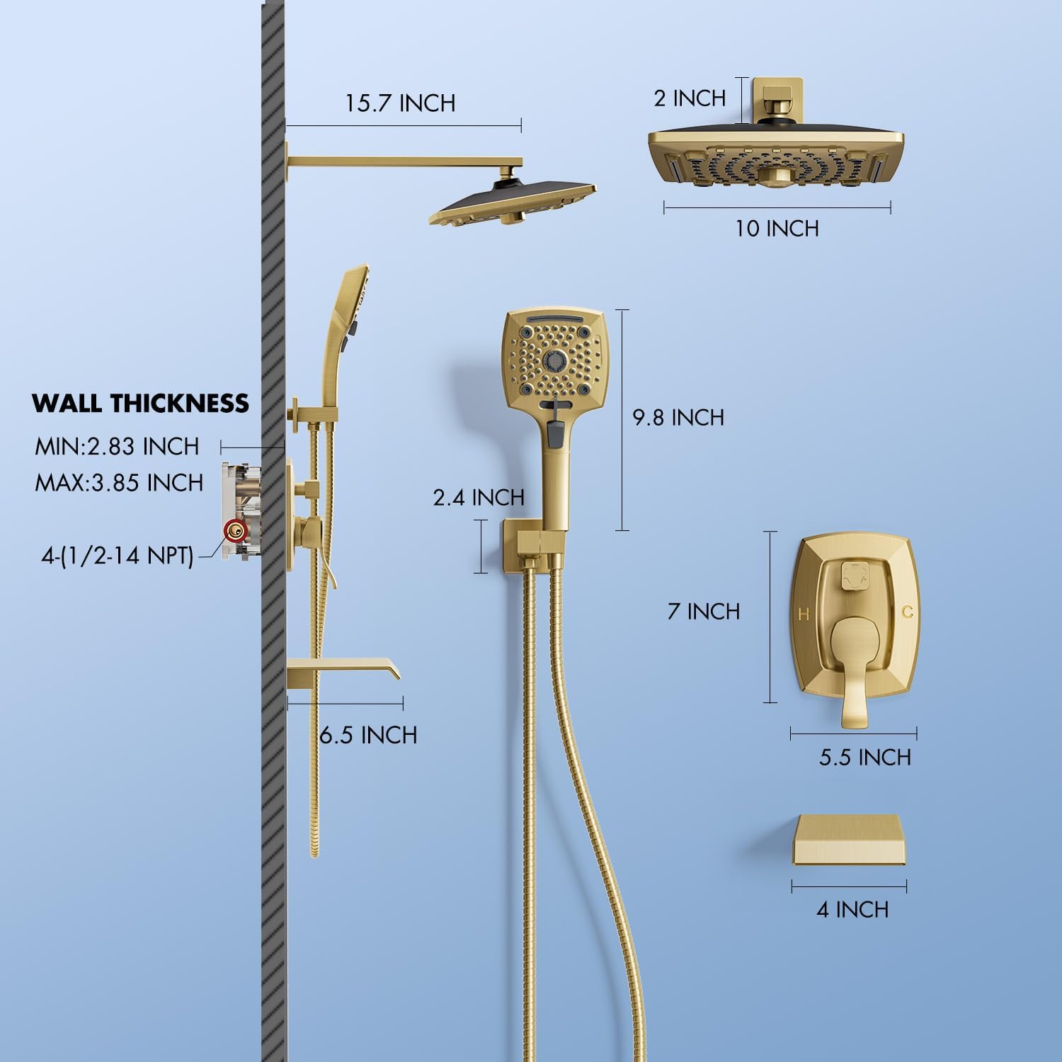 ELLO&ALLO Bathroom Shower Faucet Set Mixing Valve and Trim Kit, Complete Shower System with Tub Spout, Brushed Gold