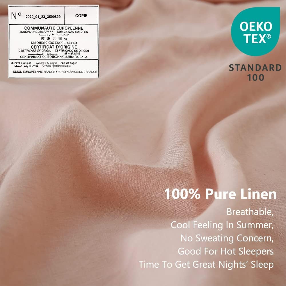 Simple&Opulence 100% Linen Sheet Set with Embroidery Washed - 4 Pieces (1 Flat Sheet & 1 Fitted Sheet & 2 Pillowcases) Natural Flax Soft Bedding Breathable Farmhouse - Pink, Queen Size