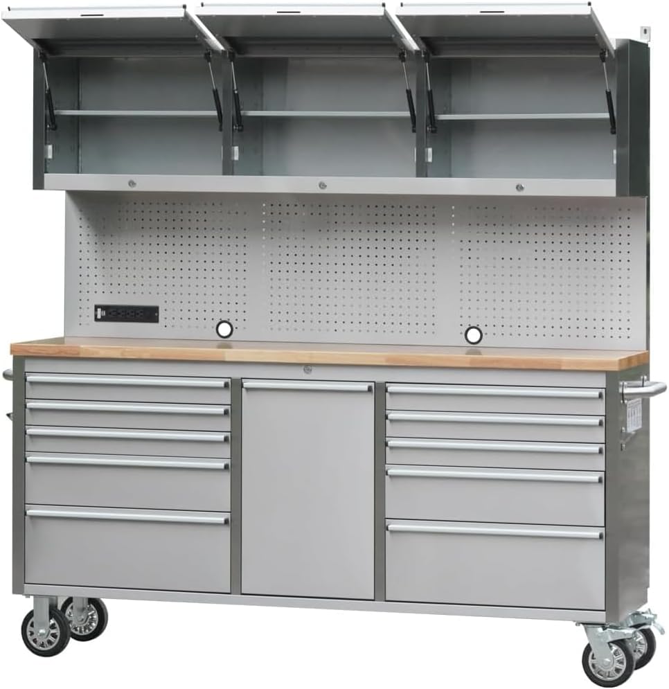 AnorTrek 72 inch Stainless Steel Tool Chest with 11 Drawer & 3 Up Cabinet & Pegboard, Large Lockable Mobile Workbench with 6 Blue Storage Bins, Rolling Tool Cabinet for Garage, Workshop