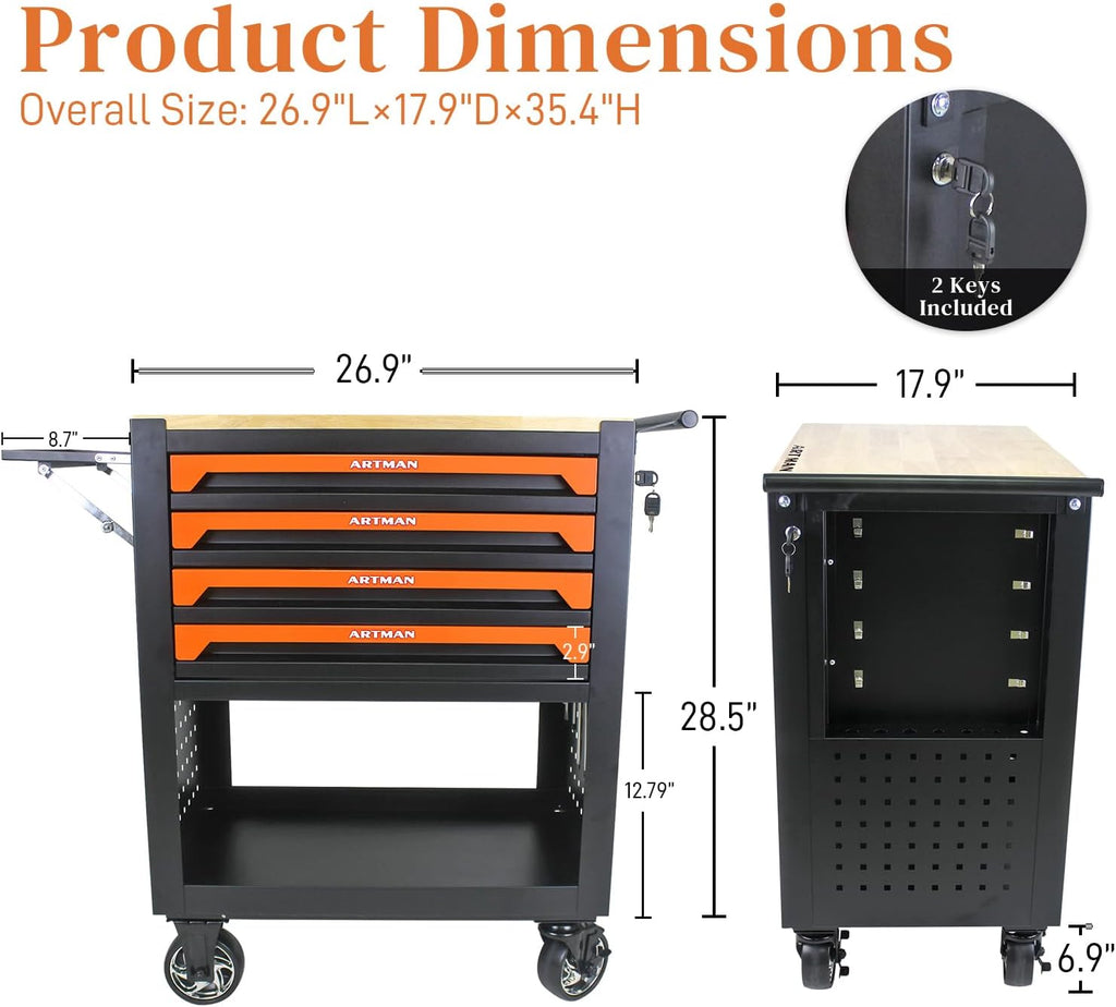 Rolling Tool Cart with 4-Drawer Wood Top Utility Tool Chest on Wheels Mechanic Tool Storage Organizer Cabinet for Garage, Warehouse, Workshop, Repair Shop (Orange)