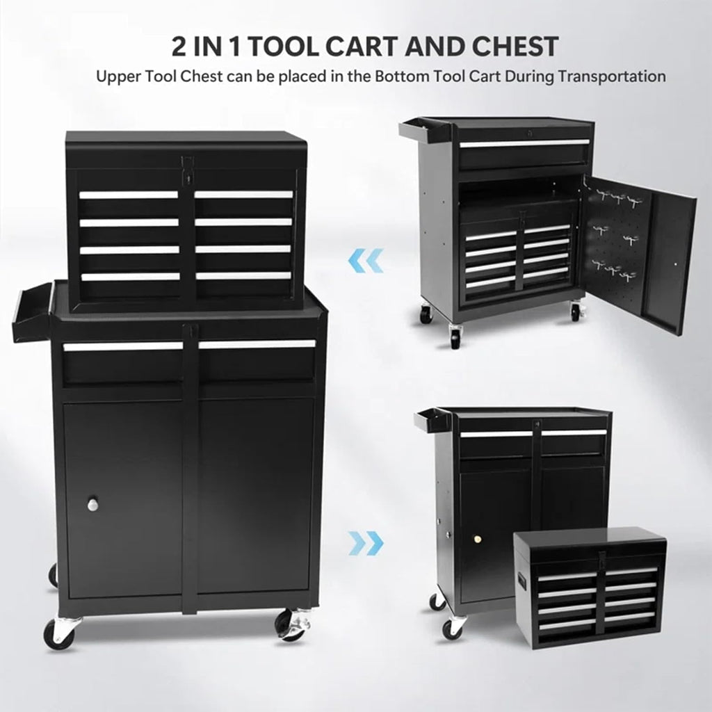 5 Drawers Rolling Tool Chest, 2-in-1 Detachable Metal Tool Storage Cabinet with Wheels, Lockable Tool Cart with Hooks for Garage, Workshop or Salon Use, Black